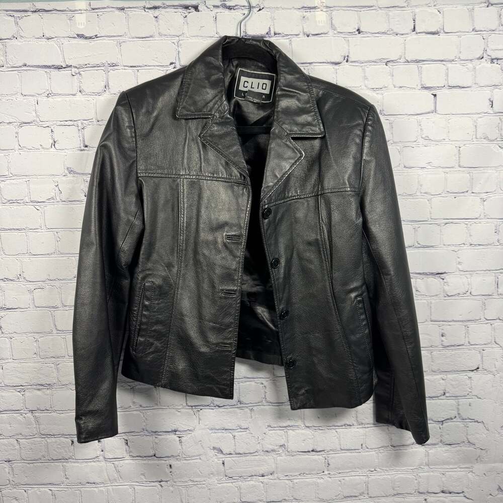 Clio Women's Black Leather Button Down Blazer Jacket